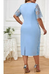 Robe Champêtre Élégante Dentelle Manches Courtes Col Rond Midi Moulante Grande Taille