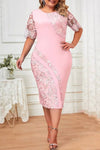 Robe Champêtre Élégante Dentelle Manches Courtes Col Rond Midi Moulante Grande Taille