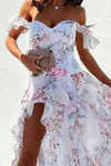 Robe Champêtre Fleurie Longue Fendue Épaules Dénudées Bretelles Col Cœur Blanc Rose Été Soirée
