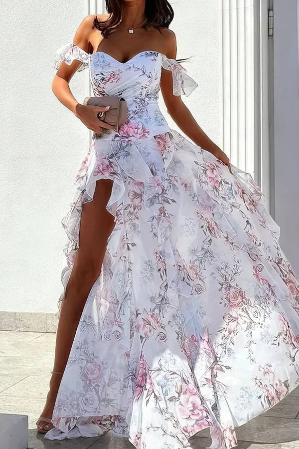Robe Champêtre Fleurie Longue Fendue Épaules Dénudées Bretelles Col Cœur Blanc Rose Été Soirée