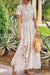 Robe Champêtre Longue Blanche En Dentelle Col Chemise Boutonnée Manches Courtes Bohème Maxi