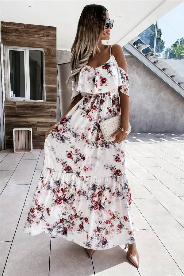Robe Champêtre Longue Bohème À Fleurs Épaules Nues Bretelles Spaghetti