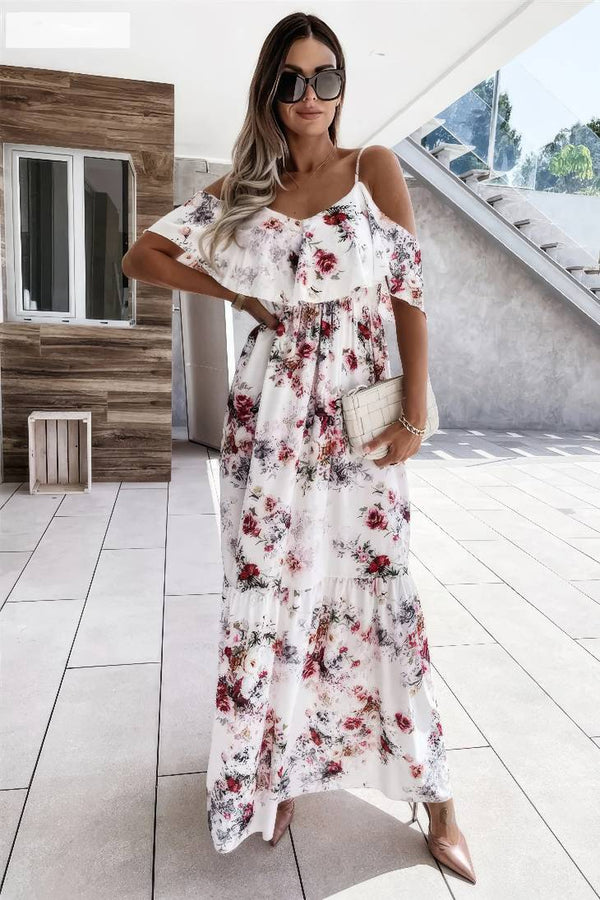 Robe Champêtre Longue Bohème À Fleurs Épaules Nues Bretelles Spaghetti