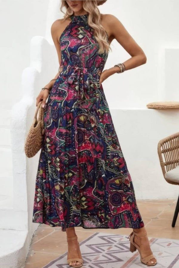 Robe Champêtre Longue Bohème Été Col Halter Dos Nu Sans Manches Robe De Plage