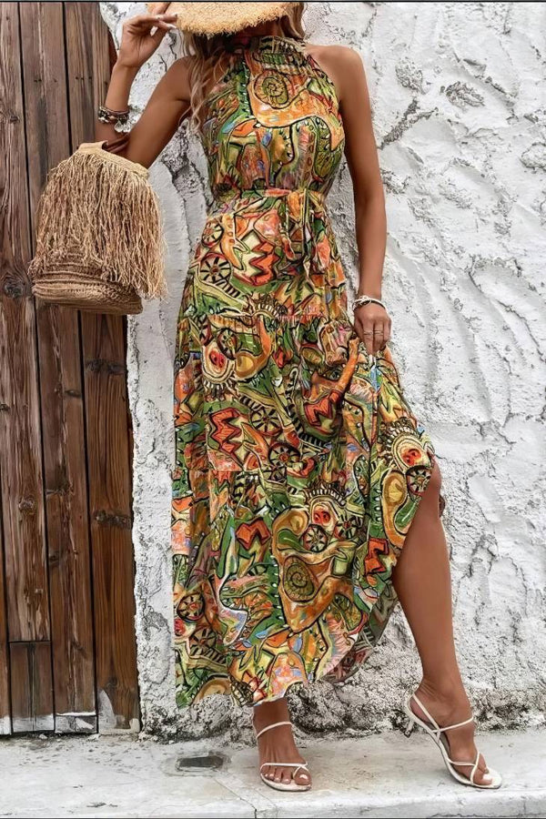 Robe Champêtre Longue Bohème Été Col Halter Dos Nu Sans Manches Robe De Plage