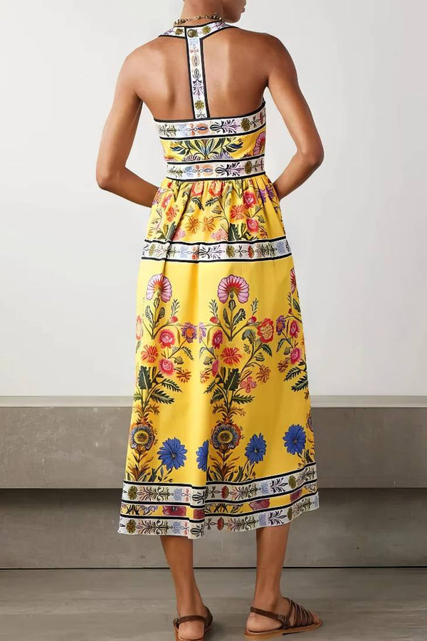 Robe Champêtre Longue Bohème Sexy À Imprimé Floral Avec Poches Col Droit