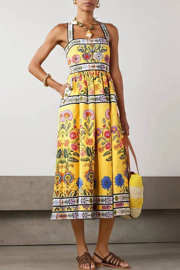Robe Champêtre Longue Bohème Sexy À Imprimé Floral Avec Poches Col Droit
