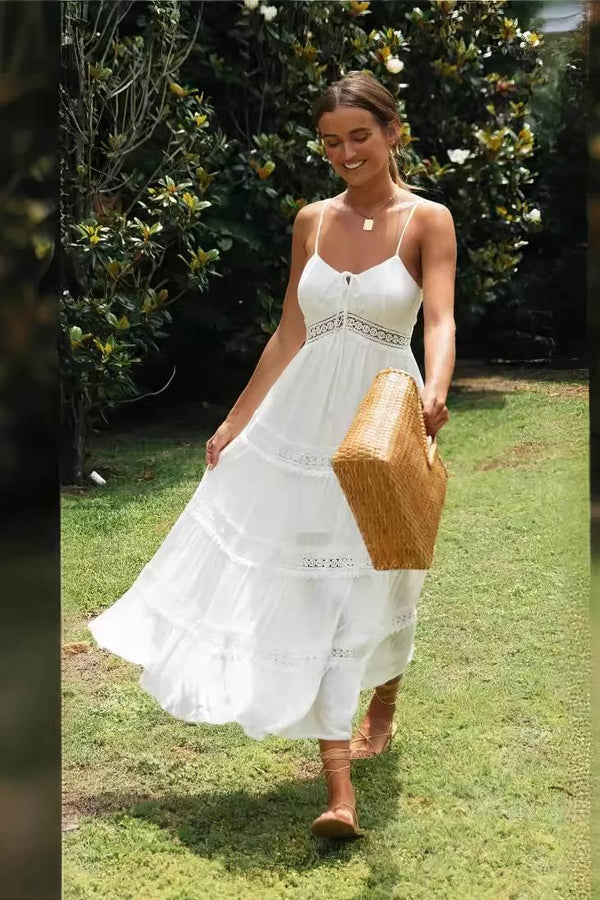 Robe Champêtre Longue Boho Blanche Bretelles Fines Dentelle Taille Empire Maxi
