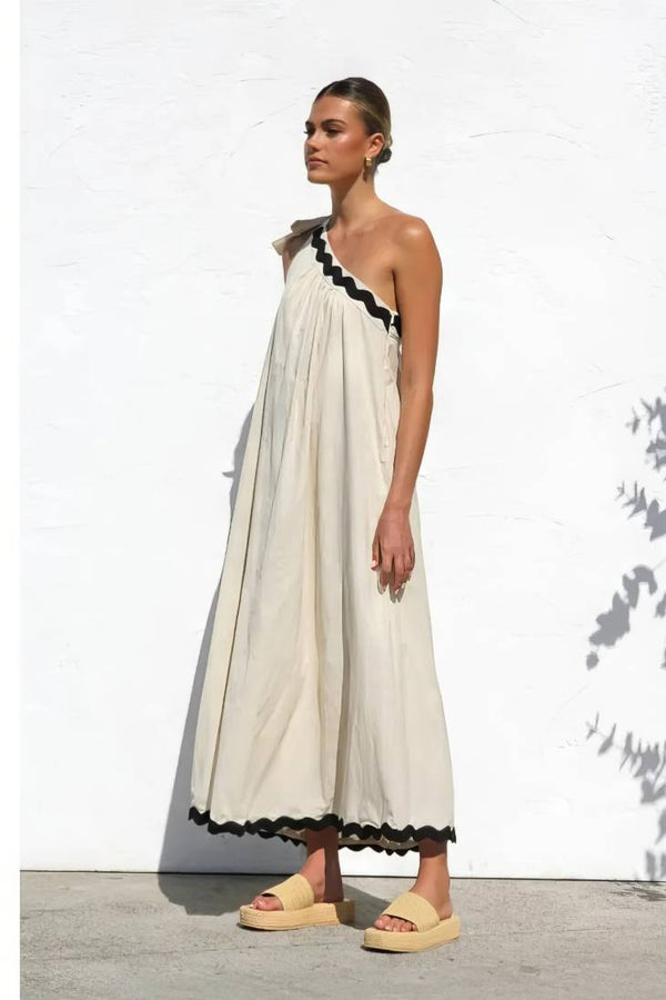 Robe Champêtre Longue Col Asymétrique Une Épaule Sans Manches Trapèze Abricot