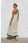Robe Champêtre Longue Col Asymétrique Une Épaule Sans Manches Trapèze Abricot