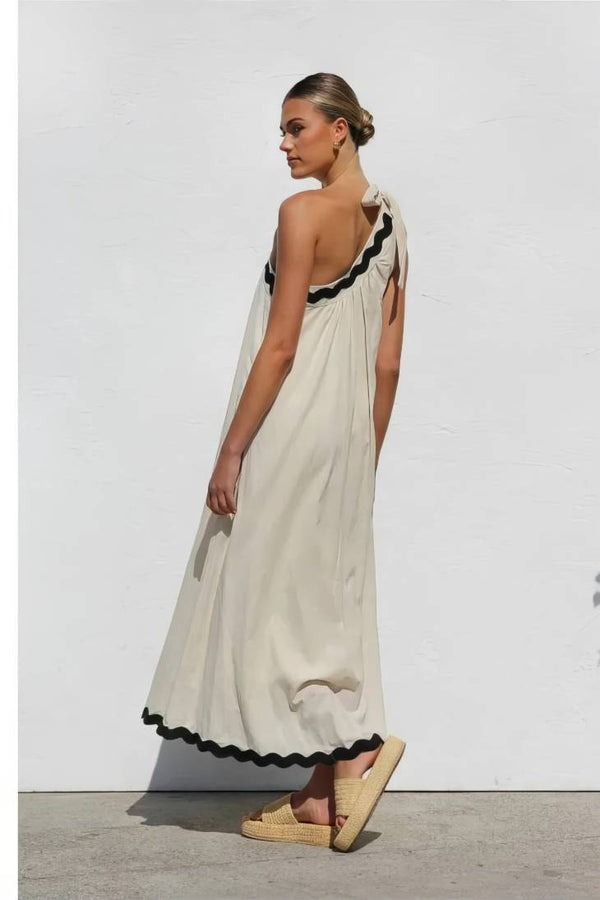 Robe Champêtre Longue Col Asymétrique Une Épaule Sans Manches Trapèze Abricot
