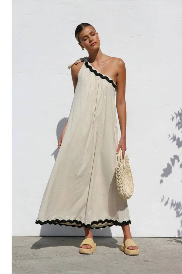 Robe Champêtre Longue Col Asymétrique Une Épaule Sans Manches Trapèze Abricot