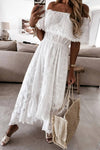 Robe Champêtre Longue Col Bardot Manches Courtes Volantées Dentelle Coupe A-Line Blanche