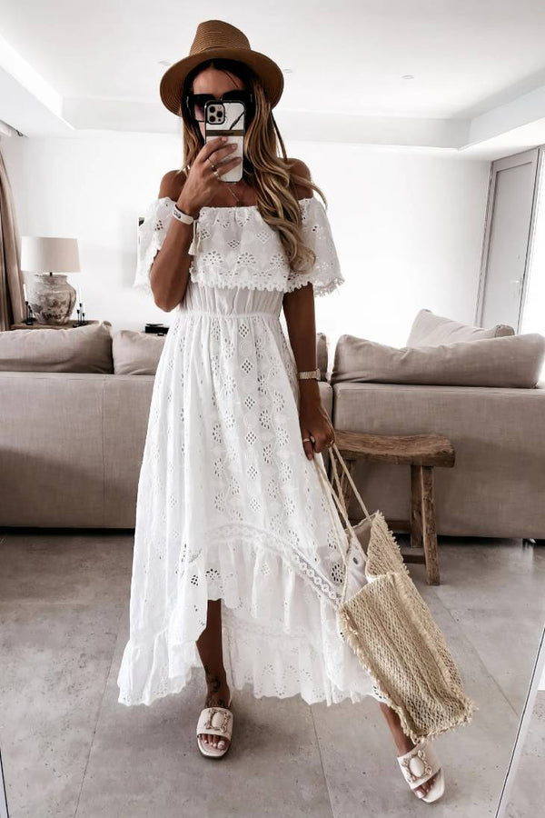 Robe Champêtre Longue Col Bardot Manches Courtes Volantées Dentelle Coupe A-Line Blanche