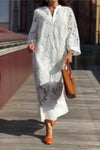 Robe Champêtre Longue Col En V Manches 3/4 Dentelle Ajourée Coupe Ample Blanche