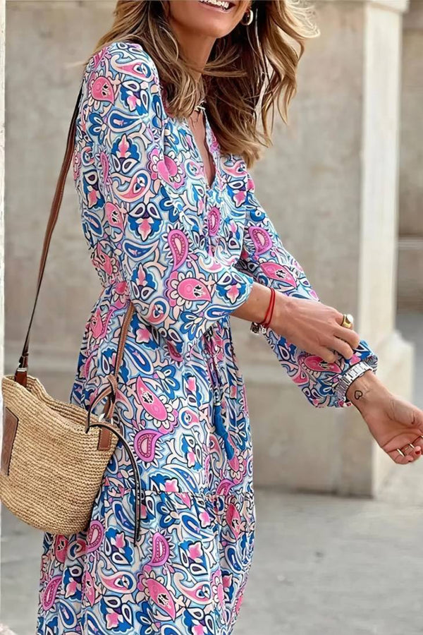 Robe Champêtre Longue Col En V Manches Longues Bouffantes Taille Haute Coupe A-Line Fleurie