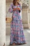Robe Champêtre Longue Col En V Manches Longues Bouffantes Taille Haute Coupe A-Line Fleurie