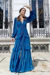 Robe Champêtre Longue Col En V Manches Longues Coupe A-Line À Volants