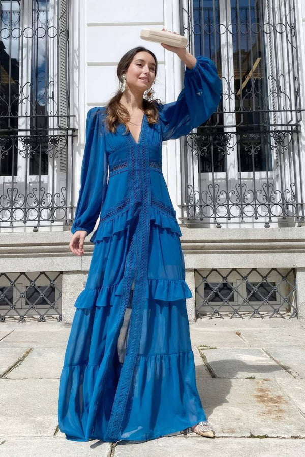 Robe Champêtre Longue Col En V Manches Longues Coupe A-Line À Volants