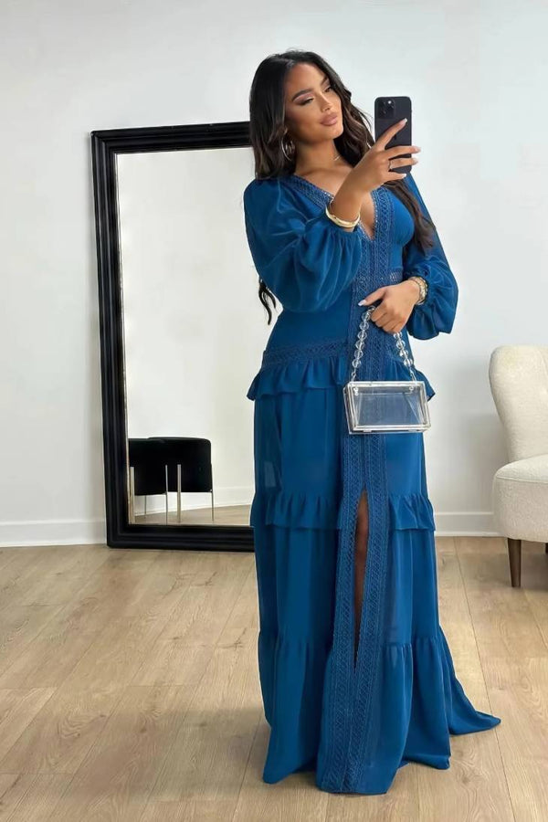 Robe Champêtre Longue Col En V Manches Longues Coupe A-Line À Volants