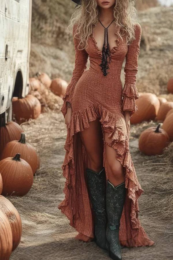 Robe Champêtre Longue Col En V Manches Longues Coupe Évasée Ourlet Asymétrique Fendue Volants