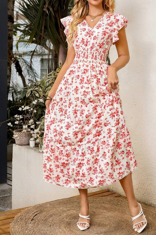 Robe Champêtre Longue Col En V Manches Papillon Coupe A-Line Fleurie Blanc Rouge