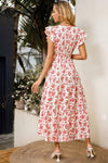 Robe Champêtre Longue Col En V Manches Papillon Coupe A-Line Fleurie Blanc Rouge