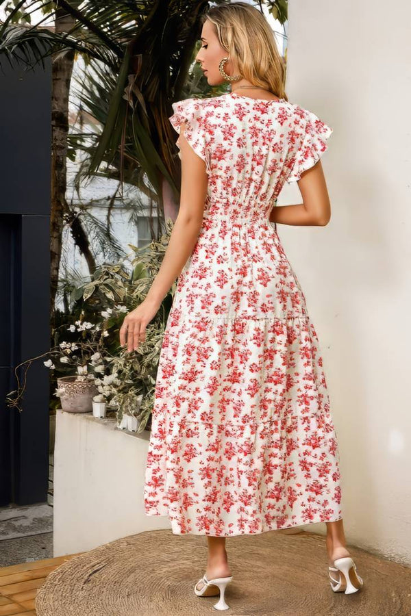 Robe Champêtre Longue Col En V Manches Papillon Coupe A-Line Fleurie Blanc Rouge