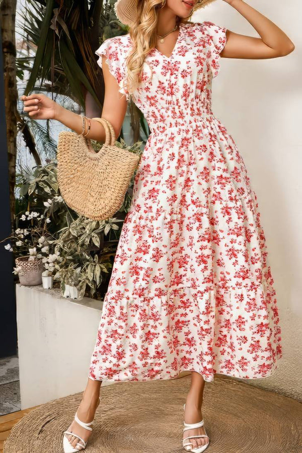 Robe Champêtre Longue Col En V Manches Papillon Coupe A-Line Fleurie Blanc Rouge