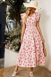 Robe Champêtre Longue Col En V Manches Papillon Coupe A-Line Fleurie Blanc Rouge