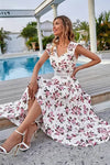 Robe Champêtre Longue Col En V Manches Papillon Coupe A-Line Ourlet Asymétrique Fleurie Blanc Rose