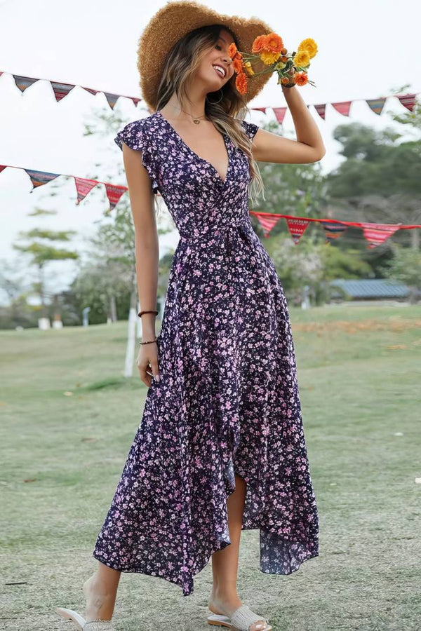 Robe Champêtre Longue Col En V Manches Papillon Coupe Portefeuille Ourlet Asymétrique