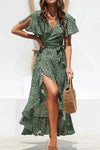 Robe Champêtre Longue Col En V Manches Papillon Coupe Portefeuille Ourlet Asymétrique Volant