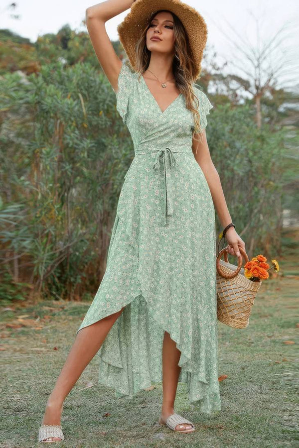 Robe Champêtre Longue Col En V Manches Papillon Coupe Portefeuille Ourlet Asymétrique