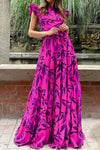 Robe Champêtre Longue Col En V Manches Volantées Coupe A-Line Fleurie