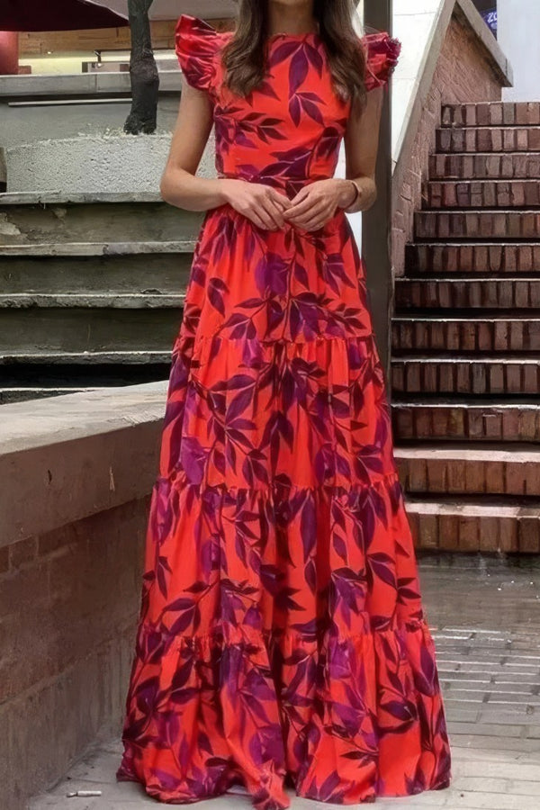 Robe Champêtre Longue Col En V Manches Volantées Coupe A-Line Fleurie