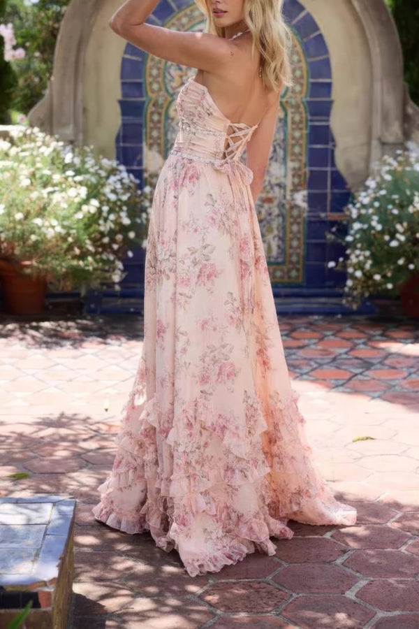Robe Champêtre Longue Col En V Plongeant Dos Nu Bretelles Fines Coupe A-Line Fendue À Volants Rose Fleuri