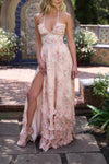 Robe Champêtre Longue Col En V Plongeant Dos Nu Bretelles Fines Coupe A-Line Fendue À Volants Rose Fleuri
