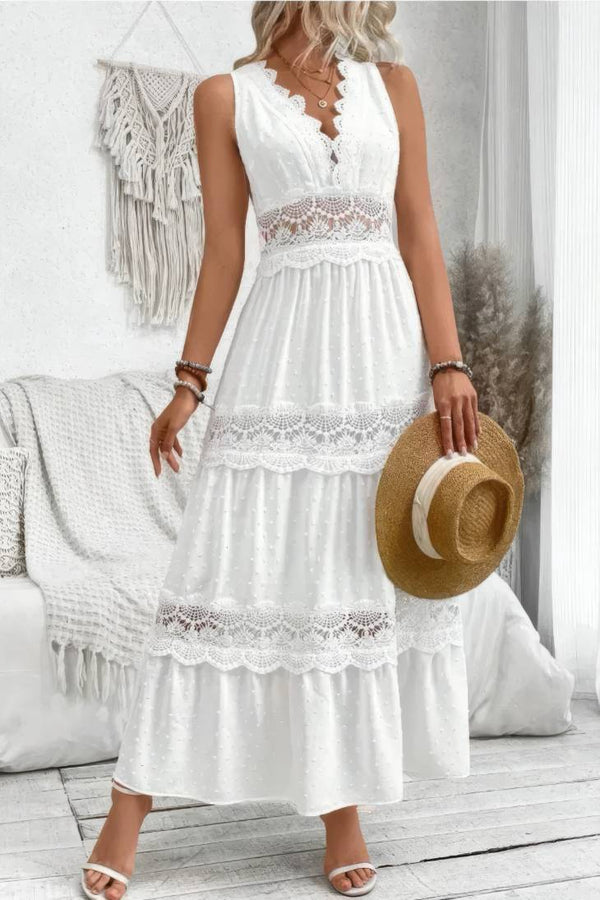 Robe Champêtre Longue Col En V Sans Manches Dentelle Blanche Coupe A-Line Jupe À Étages