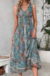 Robe Champêtre Longue Col En V Sans Manches Taille Smockée Coupe A-Line Imprimé Bohème