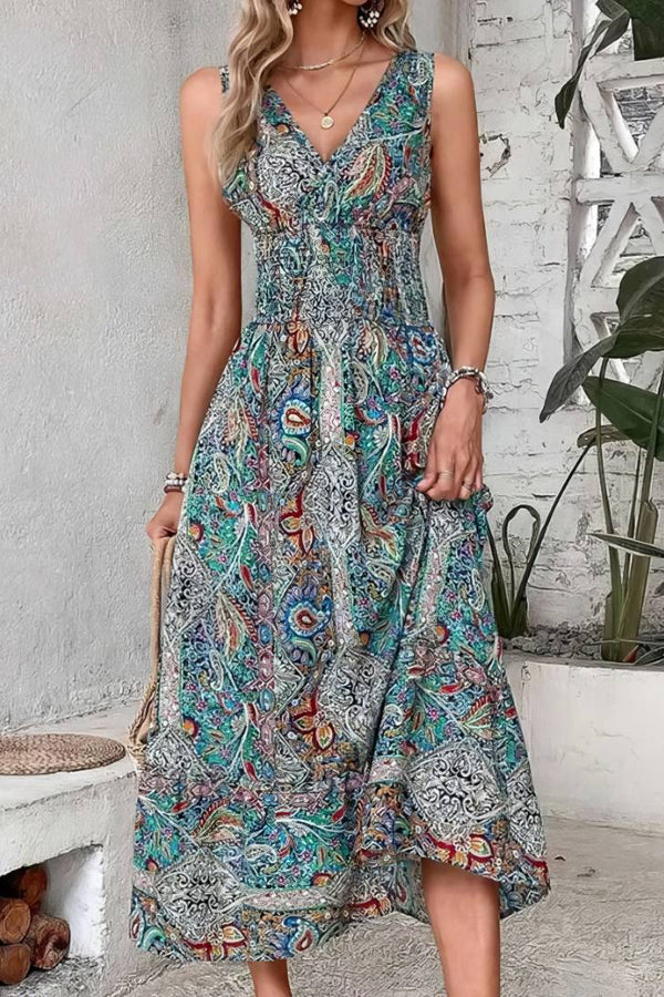 Robe Champêtre Longue Col En V Sans Manches Taille Smockée Coupe A-Line Imprimé Bohème
