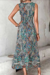 Robe Champêtre Longue Col En V Sans Manches Taille Smockée Coupe A-Line Imprimé Bohème