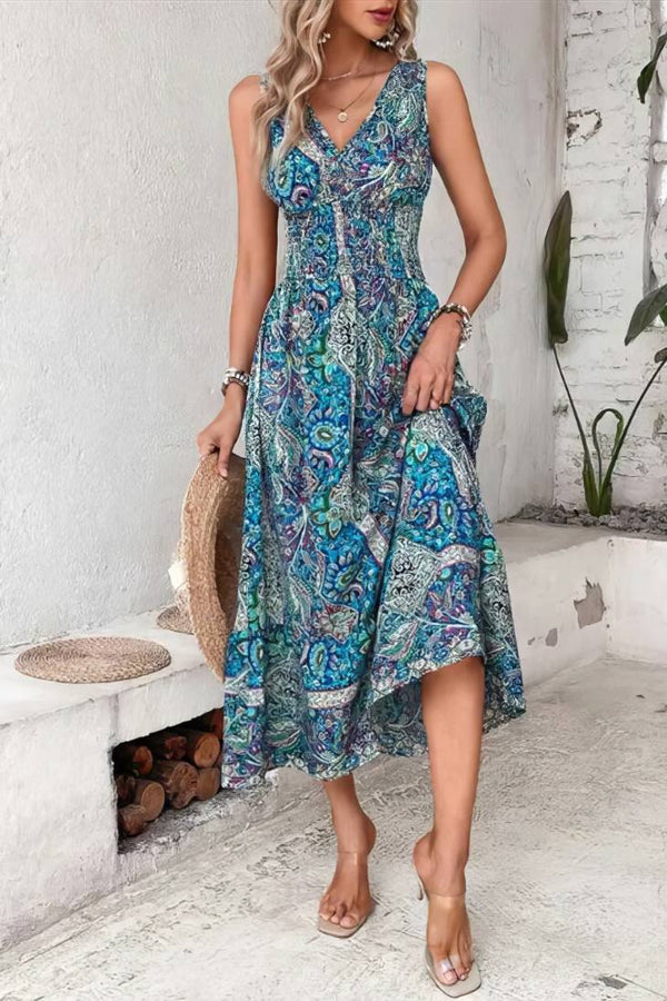 Robe Champêtre Longue Col En V Sans Manches Taille Smockée Coupe A-Line Imprimé Bohème