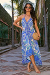 Robe Champêtre Longue Col Licou Bretelles Fines Coupe A-Line Ourlet Asymétrique Imprimé Bohème Bleu Blanc