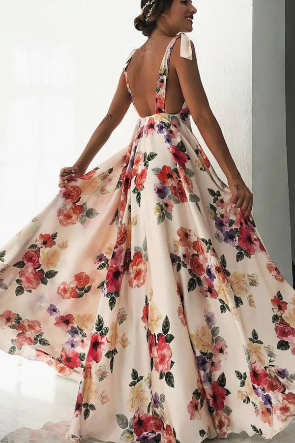 Robe Champêtre Longue Col Licou Sans Manches Coupe A-Line Fleurie Écru Rose