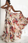 Robe Champêtre Longue Col Licou Sans Manches Coupe A-Line Fleurie Écru Rose