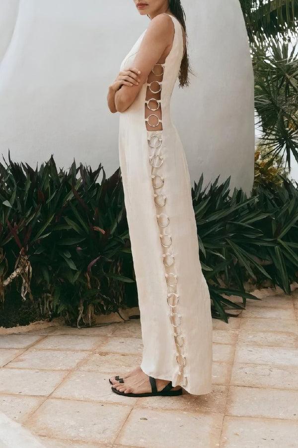 Robe Champêtre Longue Col Rond Sans Manches Blanche Boho Chic