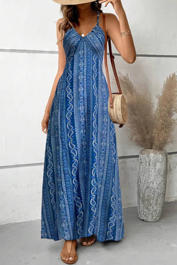 Robe Champêtre Longue Col V Bretelles Fines Coupe A-Line Bohème