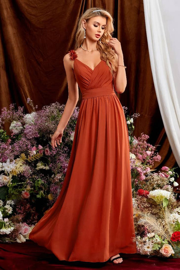Robe Champêtre Longue Col V Dos Nu Plissée Taille Empire Élégante Demoiselle D'Honneur