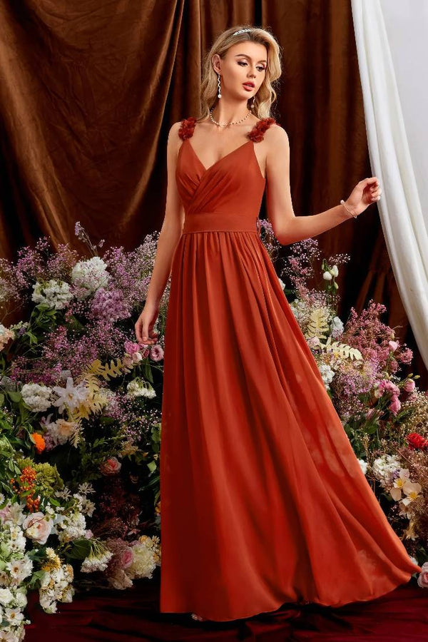Robe Champêtre Longue Col V Dos Nu Plissée Taille Empire Élégante Demoiselle D'Honneur